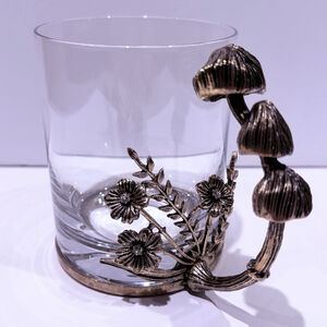 RetroVtg Style Whimsical Mushroom Handle Whiskey Rocks Glass Floral Metal Holder